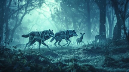 Wolves stalking a deer in a foggy forest.