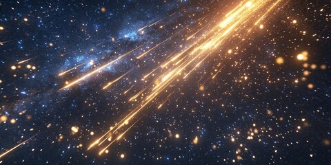 A breathtaking meteor shower lighting up the night sky, long trails of glowing light against a backdrop of twinkling stars and distant galaxies