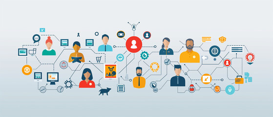 management scenario with icons of incident response teams, communication protocol 