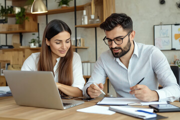 Obraz premium Two busy colleagues working together talking using laptop in office.