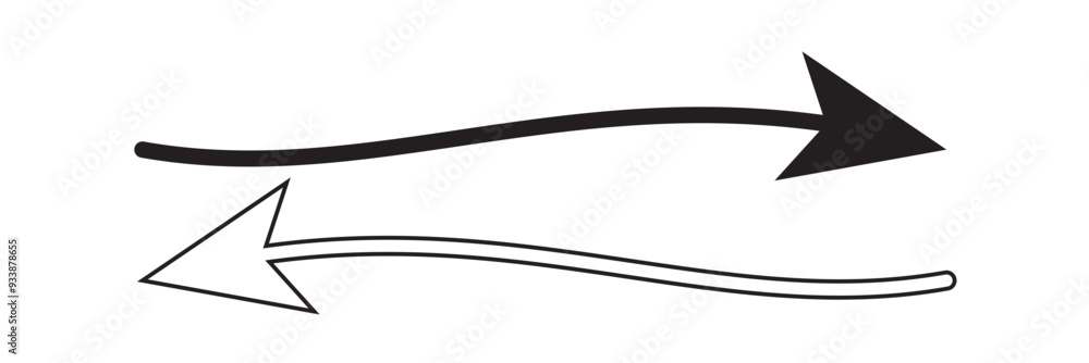 Poster curved arc shape dual side arrow. long curved wavy black arrow pointing icon. undulating arrow icon.