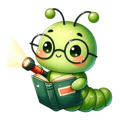 Adorable cartoon green caterpillar reading a book with a small flashlight, wearing glasses. Perfect for educational and children's content.