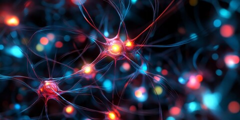Fototapeta premium Abstract neural network design, glowing with vibrant light trails connecting intricate nodes, representing the complexity of artificial intelligence