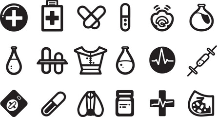 A straightforward vector icon set with a medical lab, blood drop, hospital gown, and pills