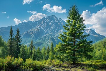 Fototapeta premium Majestic Mountain Landscape with Lush Greenery and Pine Trees