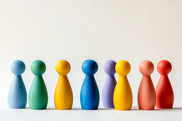 A line of multicolored carved wooden figures representing unity and diversity.