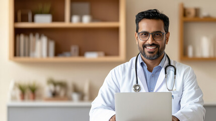 indian doctor using laptop, accessing electronic Health records, review patient medical history, make decisions about diagnosis and treatment plan