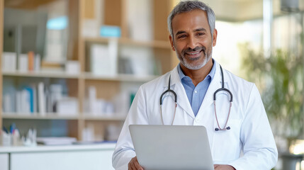 indian doctor using laptop, accessing electronic Health records, review patient medical history, make decisions about diagnosis and treatment plan