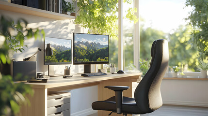 Modern Home Office Setup with Dual Monitors, Desk Lamp, and Comfortable Office Chair in a Green and Natural Setting