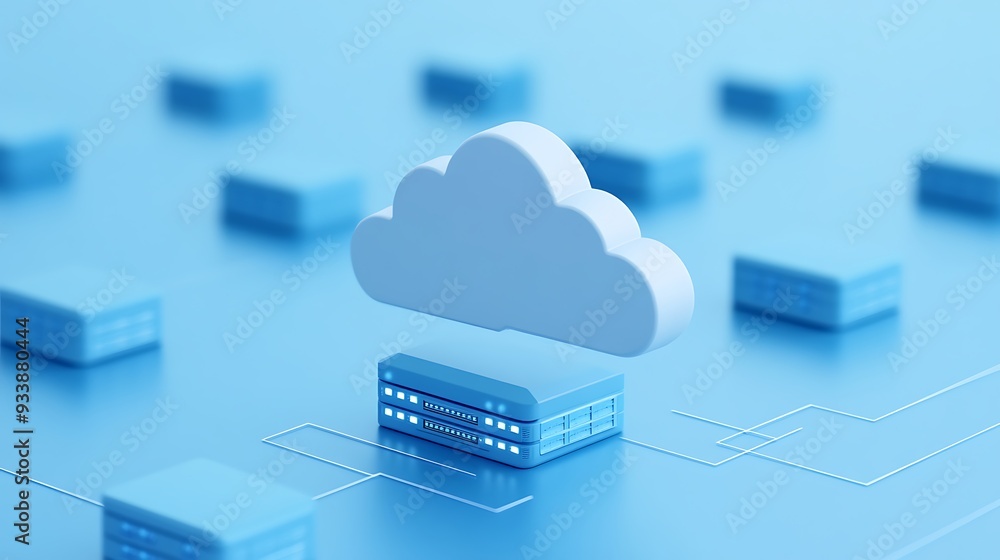 Poster 3d cloud computing illustration showing data networks, servers, and the cloud concept in a futuristi