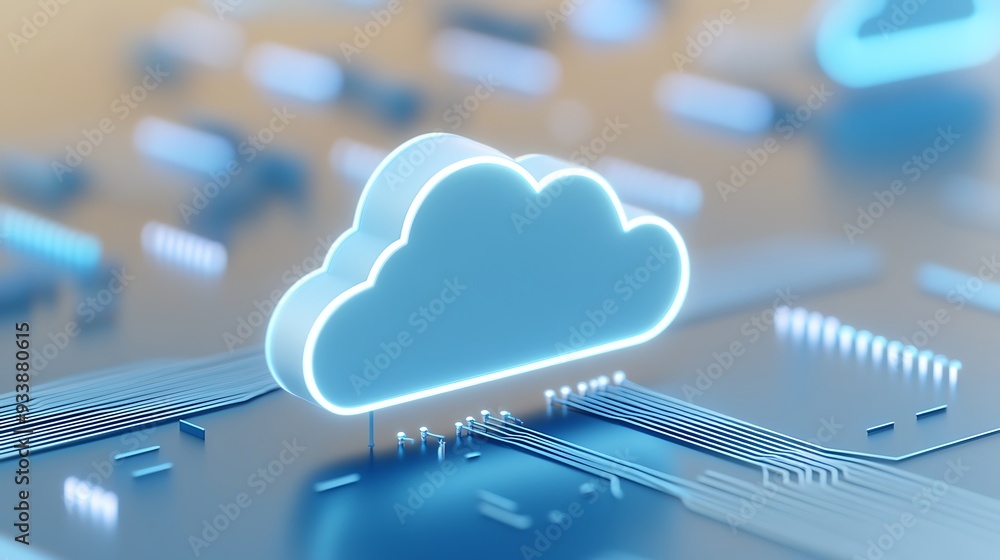 Poster 3d digital cloud icon over a circuit board, representing data storage and network technology in a bl