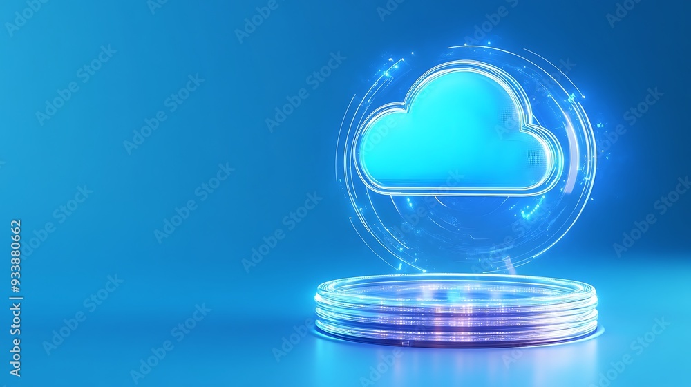 Poster 3d digital representation of a cloud computing icon on a glowing platform, symbolizing data storage,