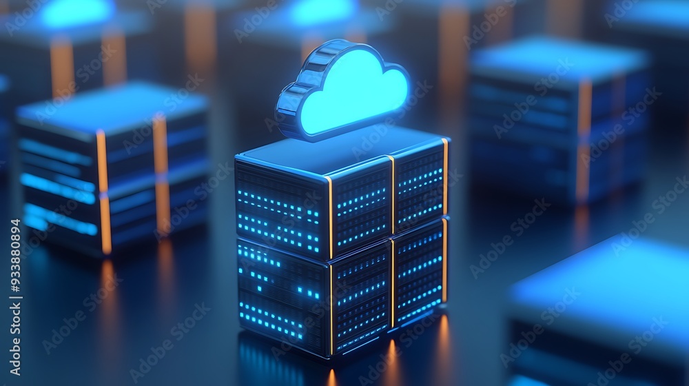 Poster 3d illustration of a data server with a cloud icon, representing cloud computing, data storage, and 