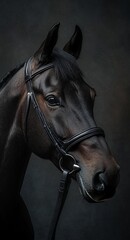 Fototapeta premium A striking close-up of a black horse showcasing its elegant features against a dark background, perfect for equestrian themes.
