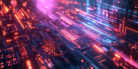 Futuristic glowing firewall with complex circuitry, neon light reflecting off the digital barrier, protecting streams of data