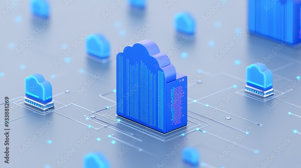 Poster 3d illustration of cloud computing technology with circuit board connections, representing data stor