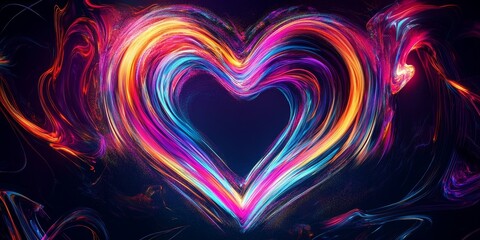 Glowing neon heart symbol made from radiant light trails, set against a dark background, surrounded by swirling colors