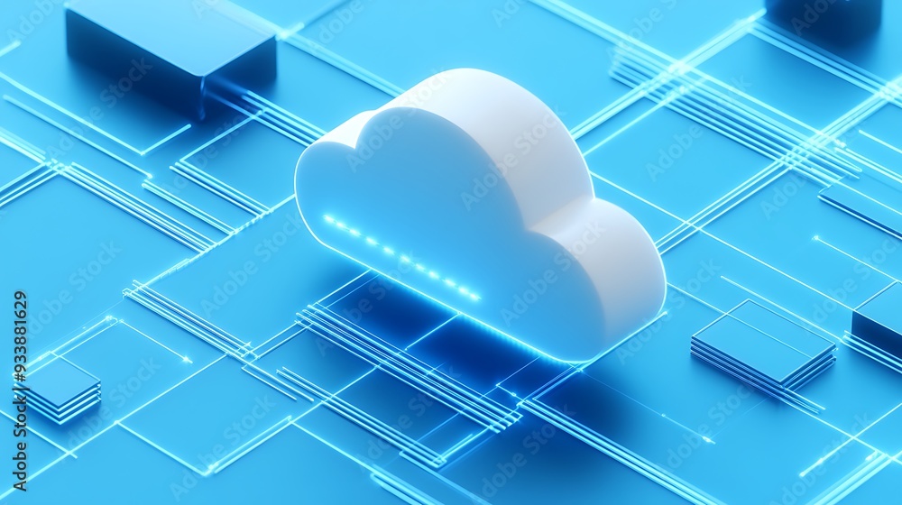 Poster 3d rendering of a cloud symbol on a circuit board, representing cloud computing, data storage, and d