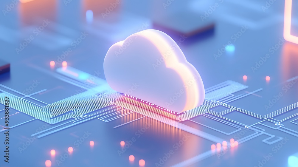 Poster 3d rendered cloud computing concept with glowing cloud icon on a circuit board, representing modern 