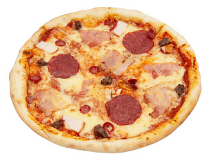 Delicious classic italian Pizza Pepperoni with sausages and cheese mozzarella. Fresh italian classic original pepperoni pizza