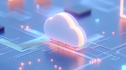 3D rendered cloud computing concept with glowing cloud icon on a circuit board, representing modern technology and digital communication.