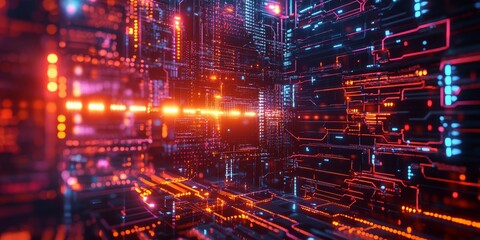 Fototapeta premium Futuristic glowing firewall with complex circuitry, neon light reflecting off the digital barrier, protecting streams of data