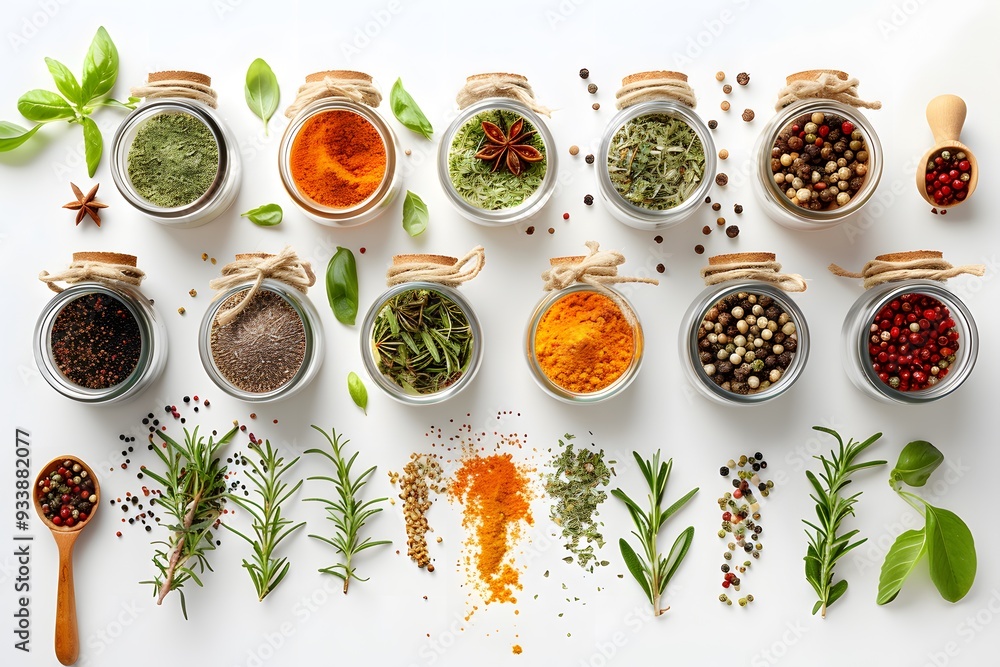 Poster a colorful array of spices and herbs in jars