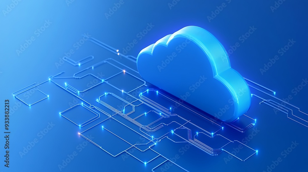 Poster a futuristic, blue-themed cloud computing concept with abstract digital connections representing net