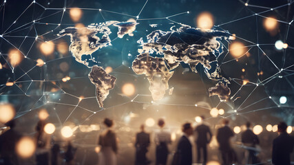 International business partnership. Business people standing silhouette on world map background, Global business concept. Global business concept, generative ai.