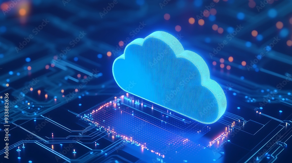 Poster a glowing blue cloud icon with a digital circuit background, representing cloud computing and data s