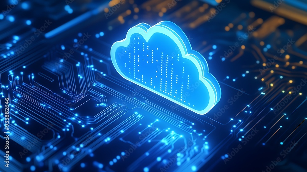 Poster a glowing cloud icon hovers over a microchip, representing cloud computing and digital technology in