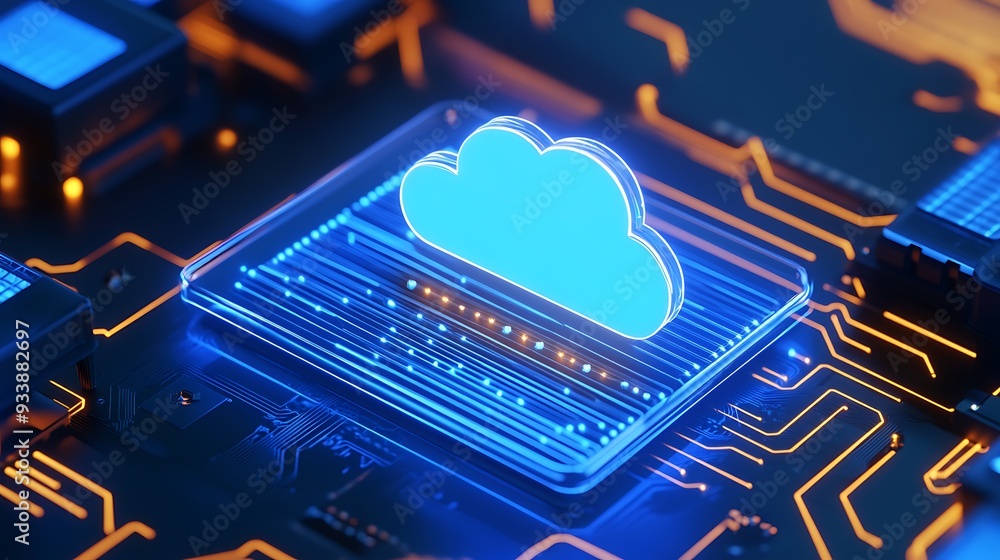 Poster a glowing cloud icon on a microchip represents cloud computing and data storage technology on a futu