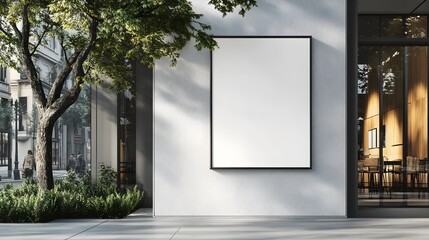 A white vertical blank frame mockup on the wall of a modern cafe, with a tree in front of it on a beautiful day and a view of the street via the window and entrance.