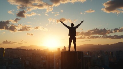 A victorious superhero silhouette on top of a skyscraper at sunset, representing triumph over adversity