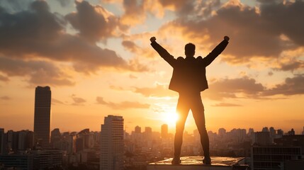 A victorious superhero silhouette on top of a skyscraper at sunset, representing triumph over adversity