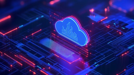 A glowing digital cloud icon on a futuristic circuit board, representing cloud computing technology and data storage solutions.