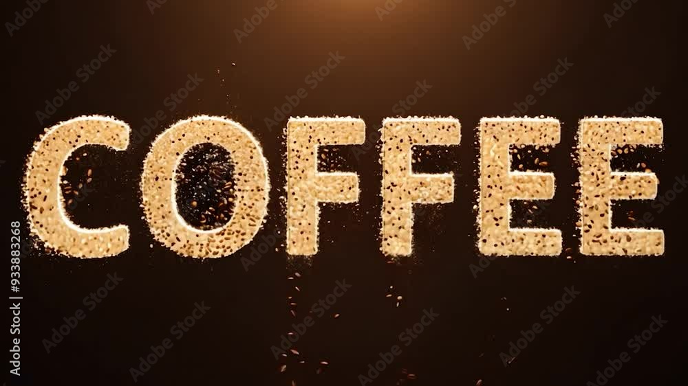Poster coffee beans arranged in the shape of the word coffee on a dark background, illuminated by a warm li