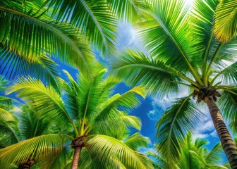 Fototapeta premium Vibrant green coconut palm fronds stretch towards the sky, set against a soft blue background, evoking a sense of tropical serenity and natural beauty.