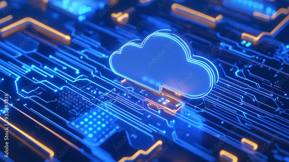 Poster abstract digital circuit board with cloud computing icon, representing technology and data storage c