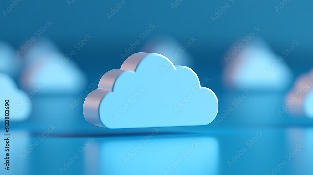 Poster abstract representation of cloud computing infrastructure with blue cloud icons in focus and blurred