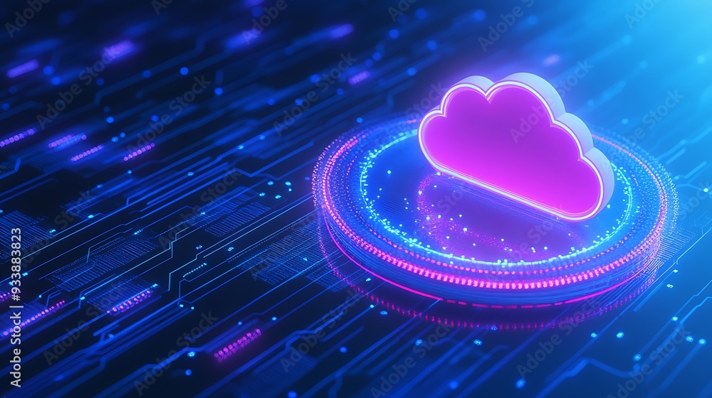 Poster abstract representation of cloud computing with glowing lights and futuristic digital elements highl