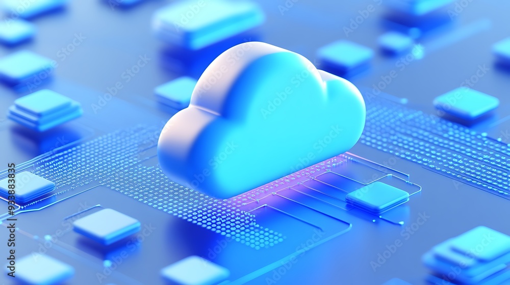 Poster abstract representation of cloud computing technology with digital cloud icon over a futuristic blue