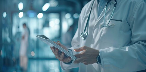Fototapeta premium A doctor is holding a tablet in a hospital setting