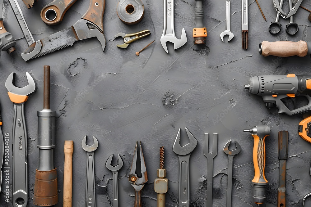 Poster a comprehensive array of hand tools on a textured gray background