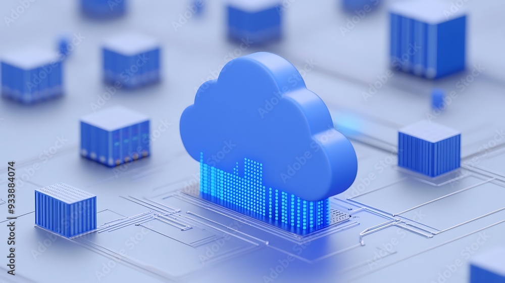 Poster blue cloud computing and server icons on a gray circuit background representing data storage and tec