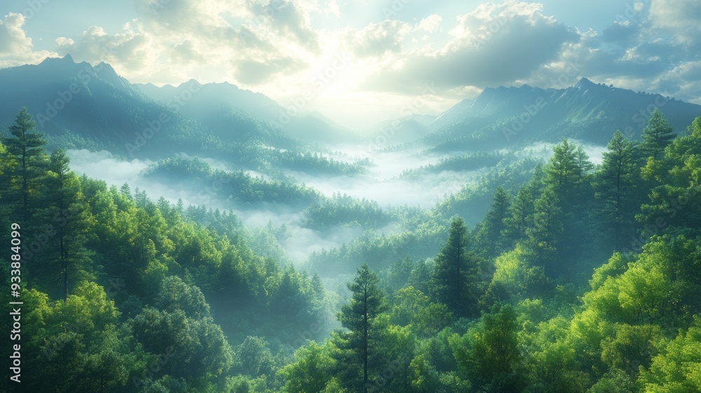 Poster golden rays illuminate the tranquil valleys, where fog gently weaves through towering trees, creatin