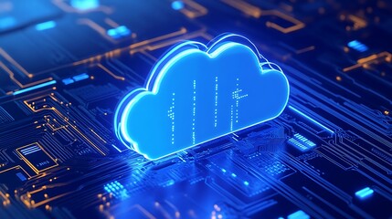 Blue glowing cloud computing icon on circuit board background symbolizing data storage, technology, and digital networking in a futuristic context.