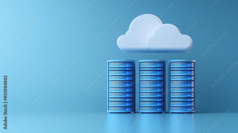 Poster blue server stacks and cloud icon representing cloud computing and storage solutions in a modern tec