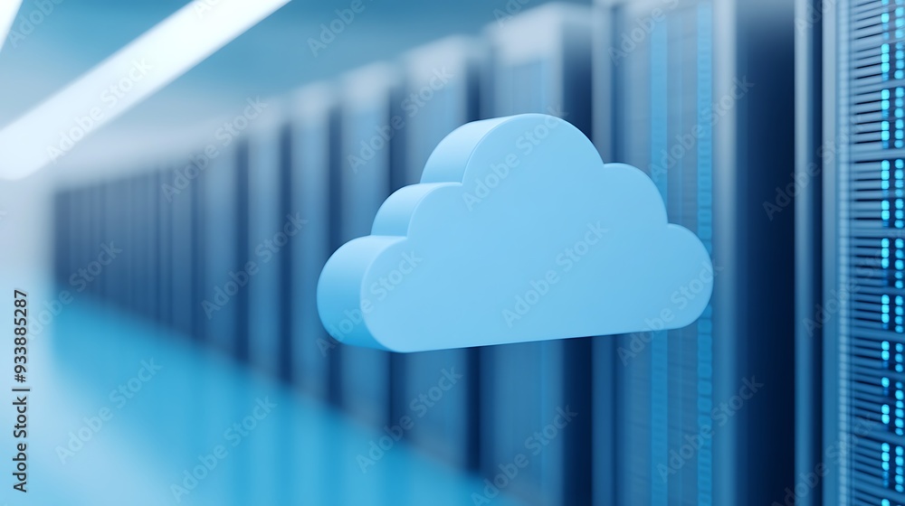 Poster cloud computing concept with a digital cloud icon in a data center, representing online storage and 