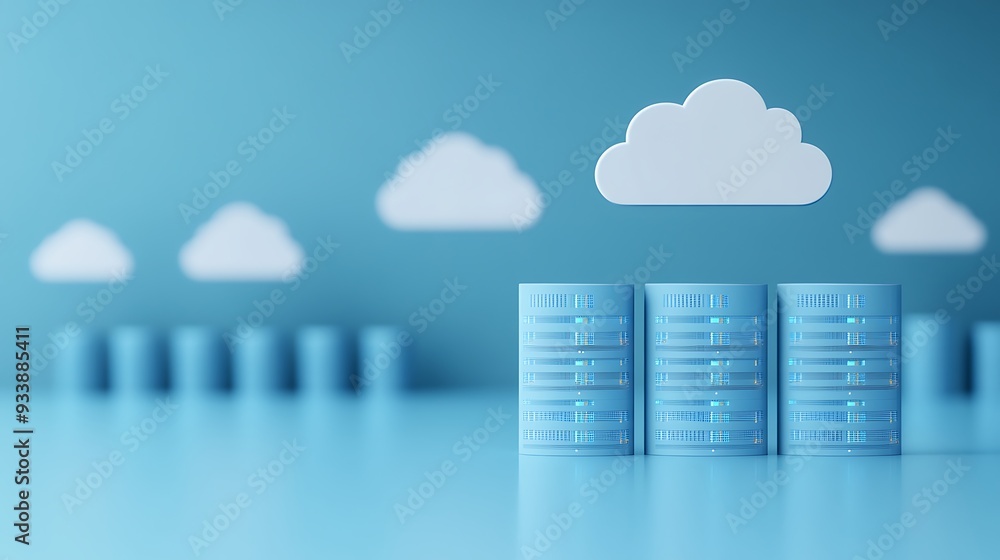Poster cloud computing concept with blue server stacks and cloud icons on blue background illustrating data
